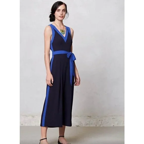 Anthropologie Elevenses Jumpsuit 10 Beca Blue Colorblock Wide Leg Copped Cut Out - Picture 14 of 15